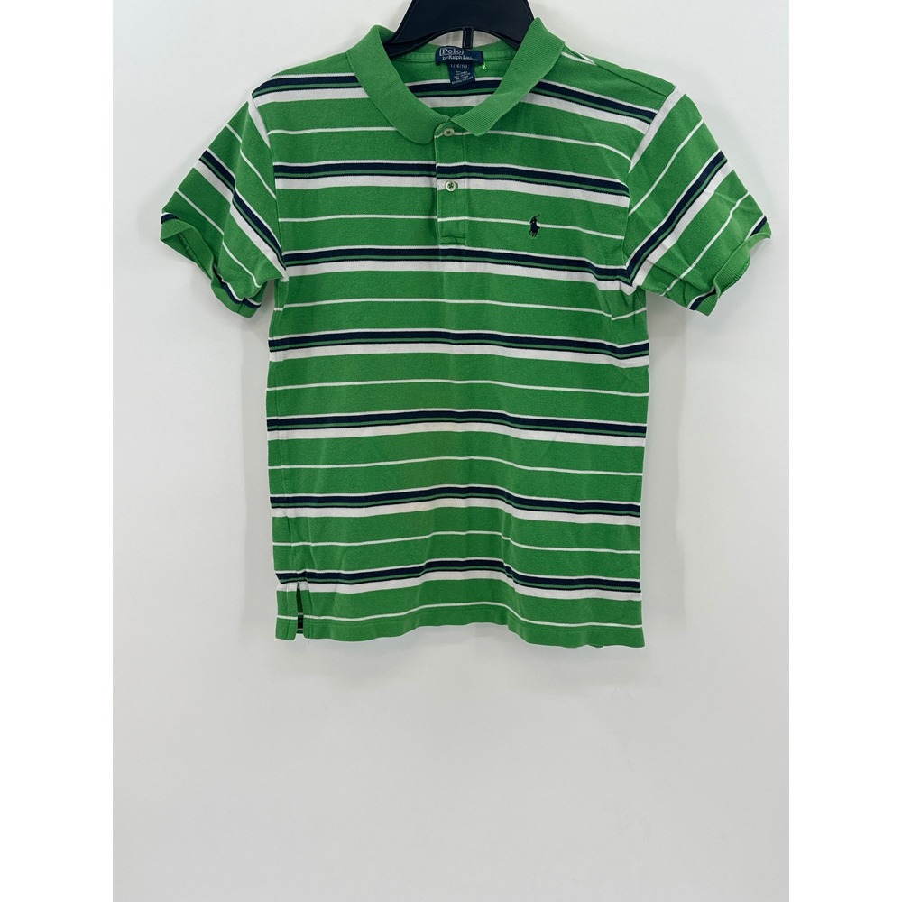 Polo Ralph Lauren Boys L 16/18 Green Striped Short Sleeve Cotton Polo Shirt